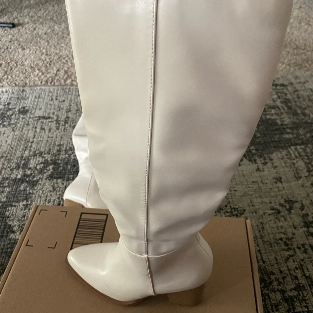 Elegant off-White,6,Knee-High Women's Boots,block heel,vegan leather,pointed toe - Picture 3 of 8
